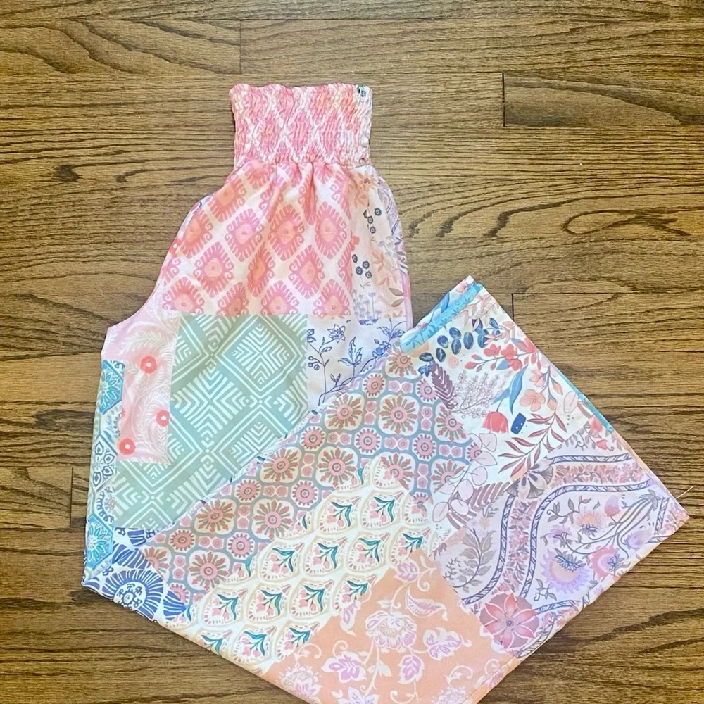 SOLD Barbiecore Smocked Waist floral Patchwork Boho Hippie Pants Cottagecore - Picture 2 of 4